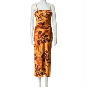 House of Harlow 1960 Ruched Side Satin Slip Coastal Maxi Dress Foliage Print M